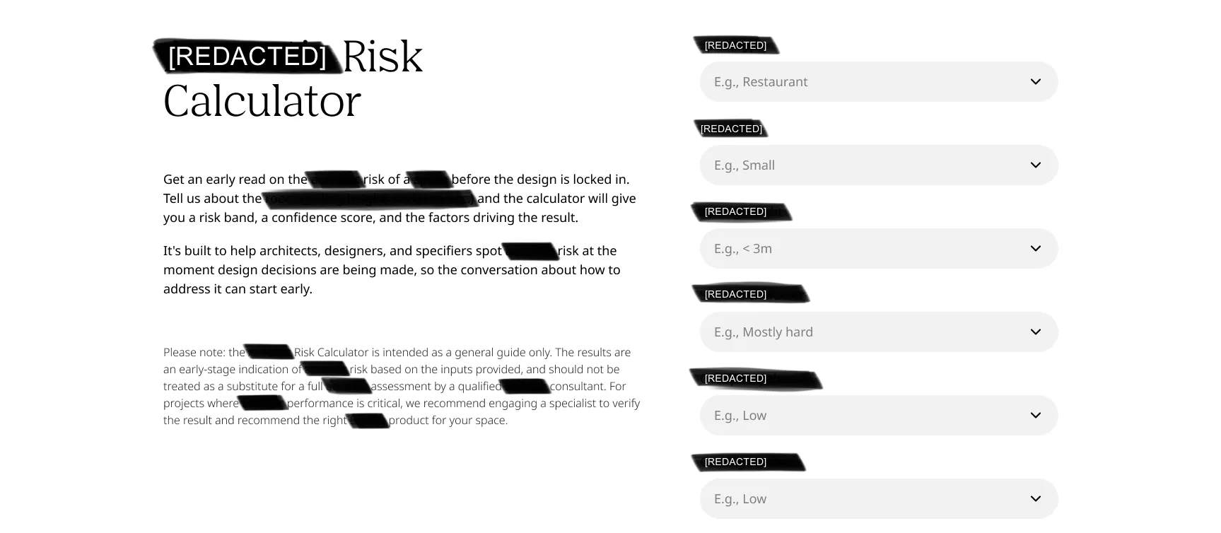The user interface of the AI Risk Calculator with sensitive sections redacted